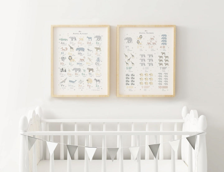 Grey Animal Alphabet & Numbers Print Set - PaperPaintPixels