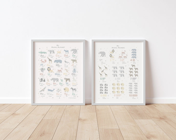 Grey Animal Alphabet & Numbers Print Set - PaperPaintPixels