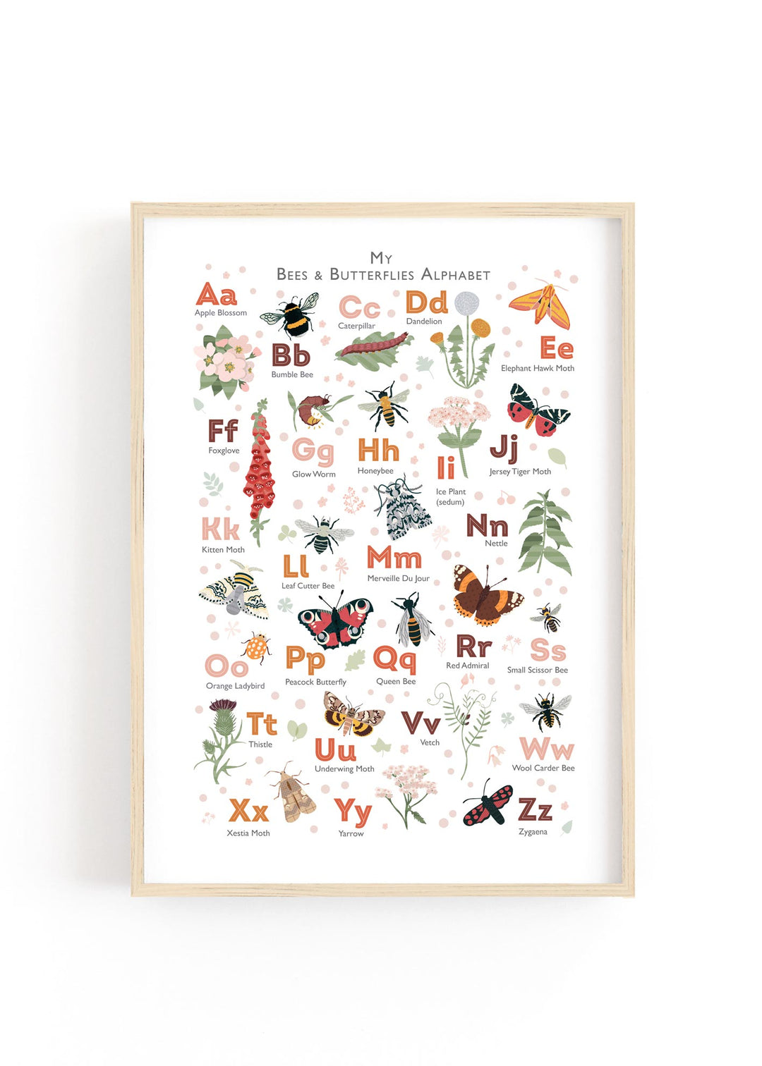 A framed alphabet print featuring bees, butterflies, and flowers, styled in a bright, nature-themed child's room.