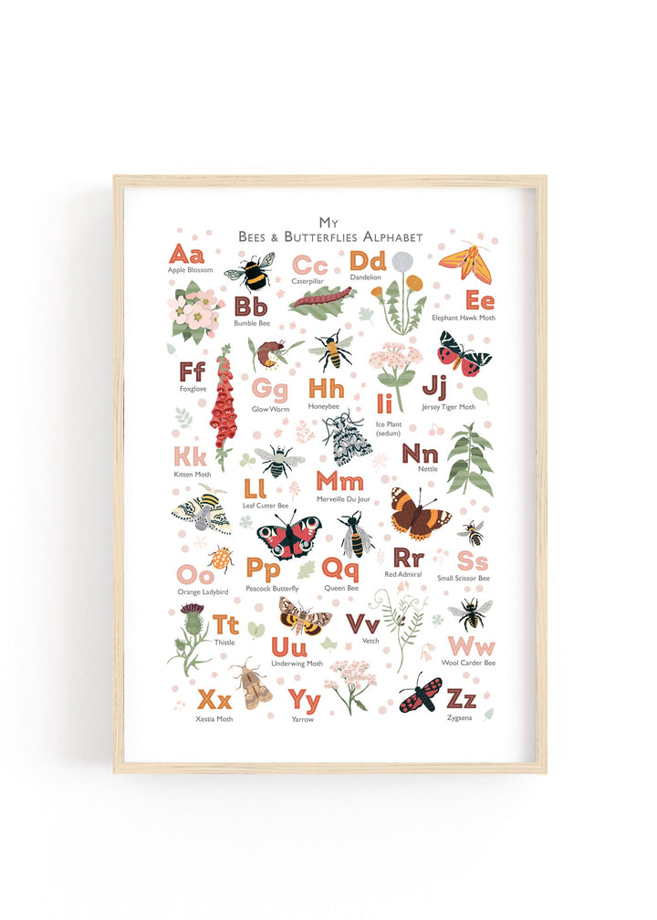 A framed alphabet print featuring bees, butterflies, and flowers, styled in a bright, nature-themed child's room.