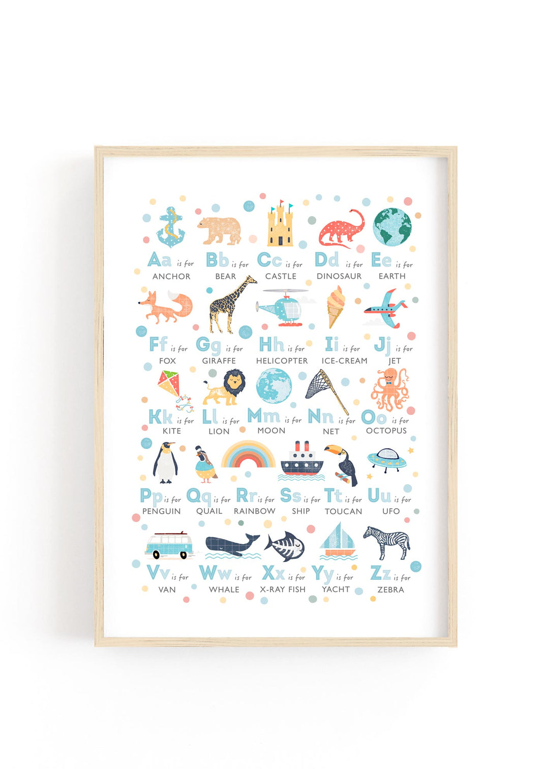 Boys alphabet nursery print in classic blue, styled on a cream wall.