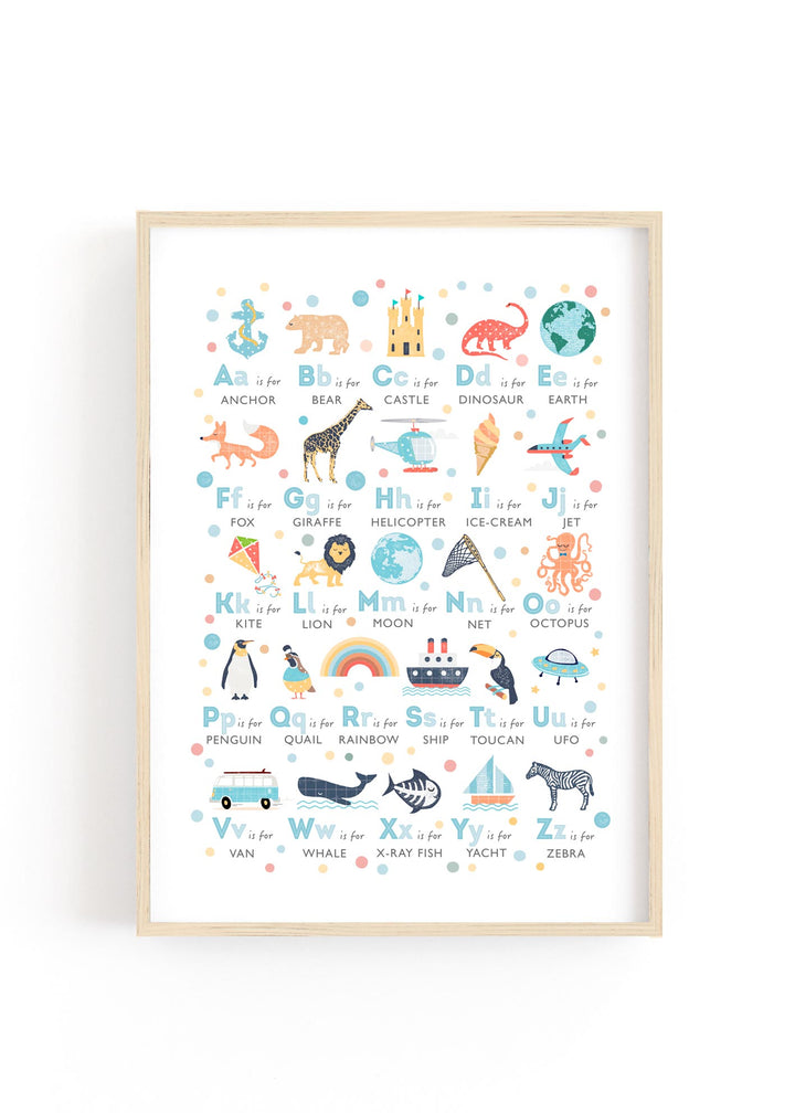 Boys alphabet nursery print in classic blue, styled on a cream wall.