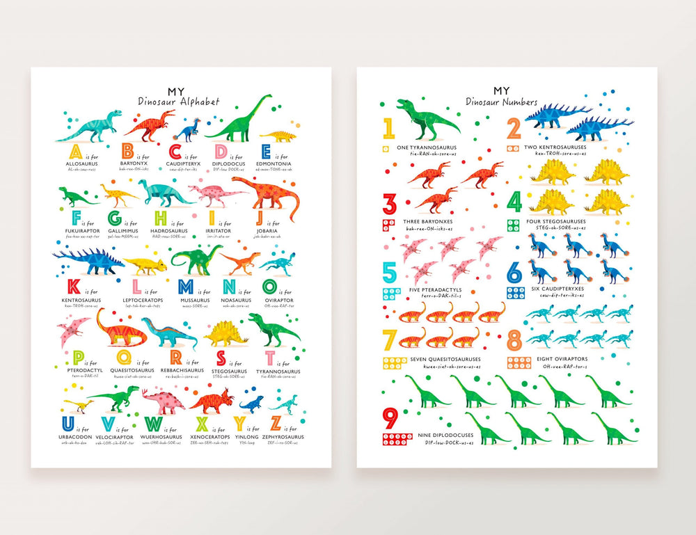 Bright Dinosaur Alphabet and Numbers Print Set of Two - PaperPaintPixels
