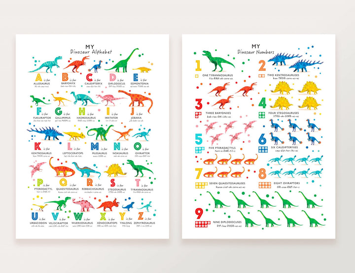 Bright Dinosaur Alphabet and Numbers Print Set of Two - PaperPaintPixels
