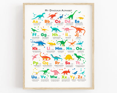 Bright Dinosaur Alphabet Poster with uppercase and lowercase letters