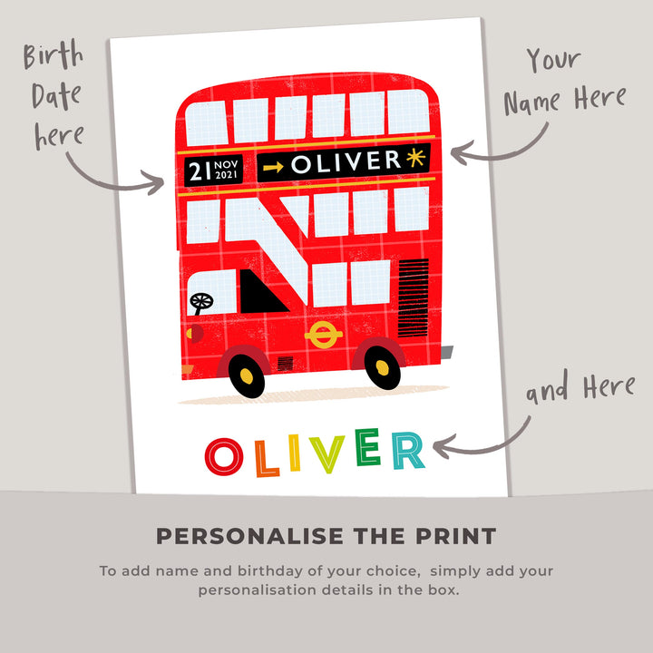 Personalised Nursery London Bus Print - Just add your name and date! - PaperPaintPixels