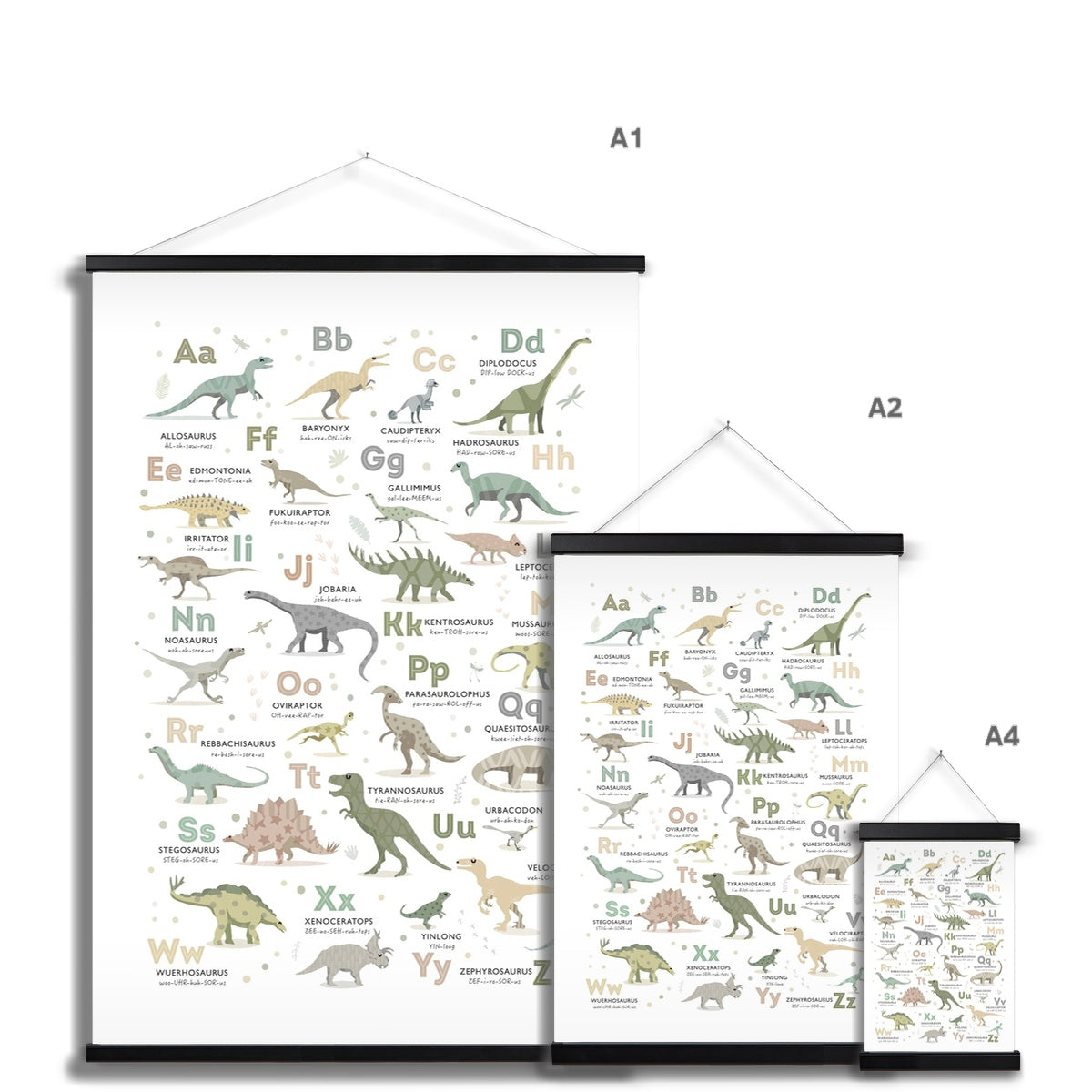 DINOSAUR ALPHABET- EARTH TONES Fine Art Print with Hanger - PaperPaintPixels