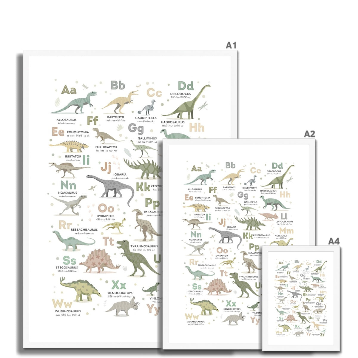 Dinosaur Alphabet, in Earth Tones, Framed Print - PaperPaintPixels