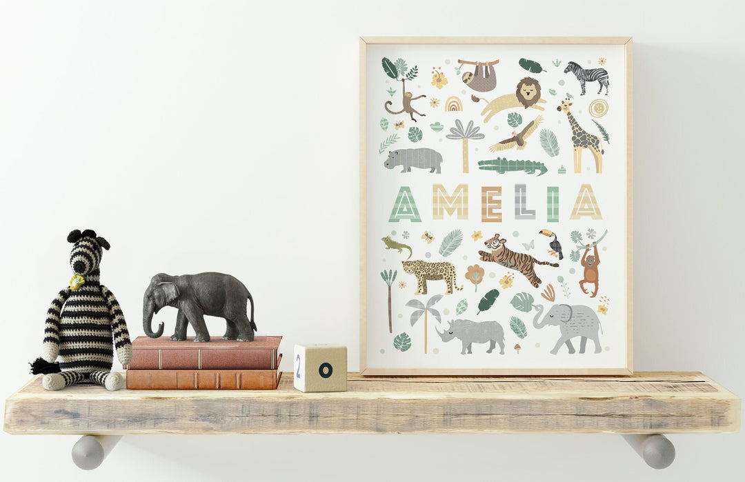 Custom Safari Animal Nursery Print - Personalised Wall Art - PaperPaintPixels