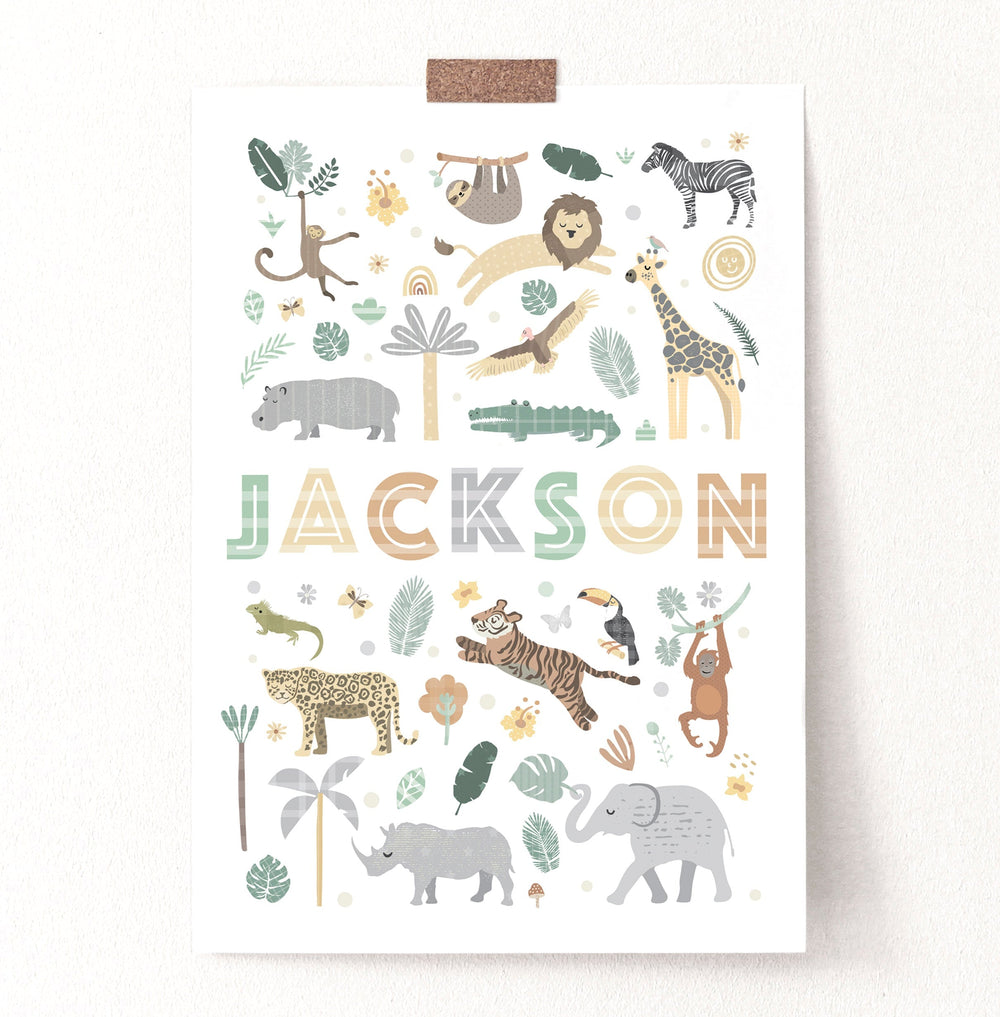 Custom Safari Animal Nursery Print - Personalised Wall Art - PaperPaintPixels