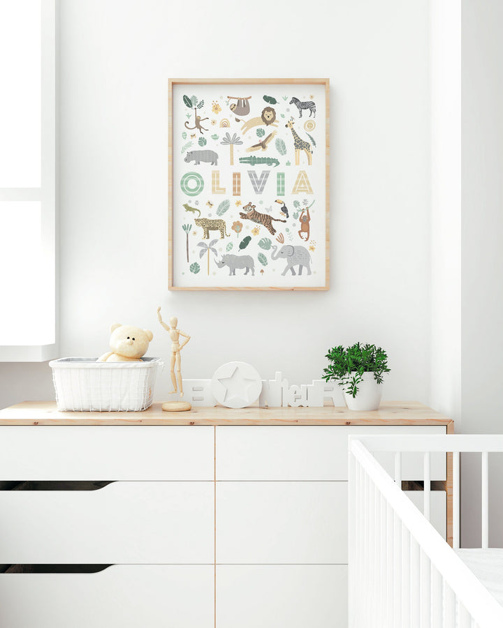 Custom Safari Animal Nursery Print - Personalised Wall Art - PaperPaintPixels