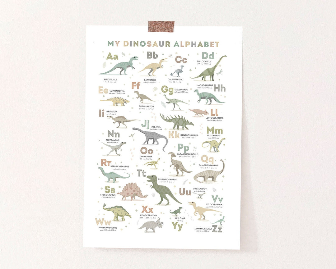 Dinosaur Alphabet Poster (in Earth Tone Colours) - PaperPaintPixels