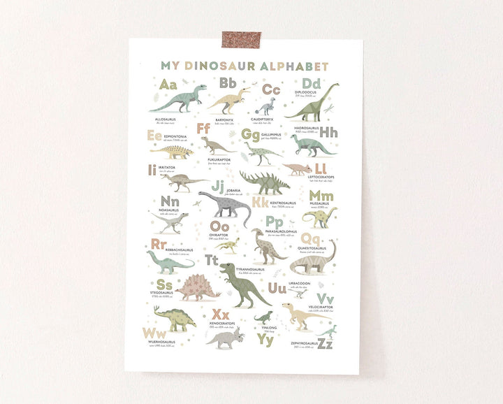 Dinosaur Alphabet Poster (in Earth Tone Colours) - PaperPaintPixels