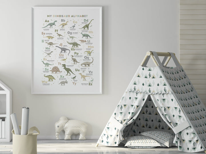 Dinosaur Alphabet Poster (in Earth Tone Colours) - PaperPaintPixels
