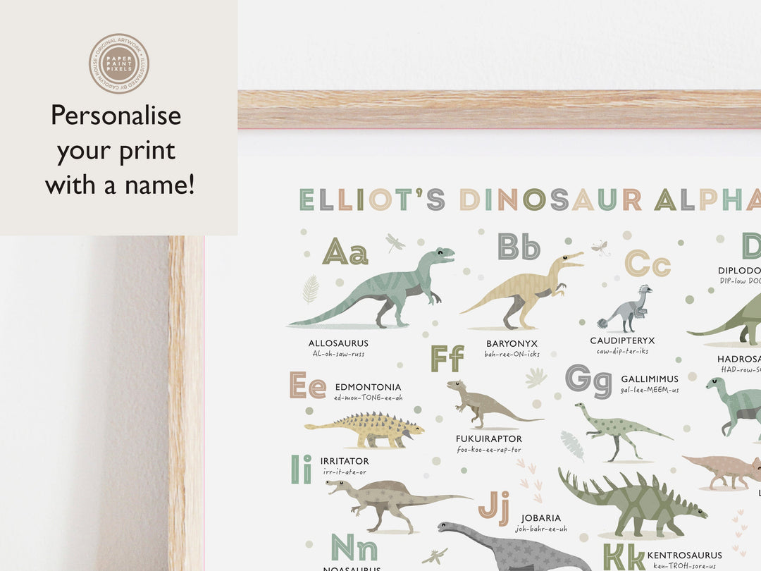 Dinosaur Alphabet Poster (in Earth Tone Colours) - PaperPaintPixels
