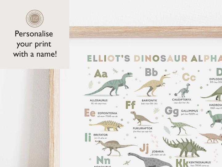 Dinosaur Alphabet Poster (in Earth Tone Colours) - PaperPaintPixels