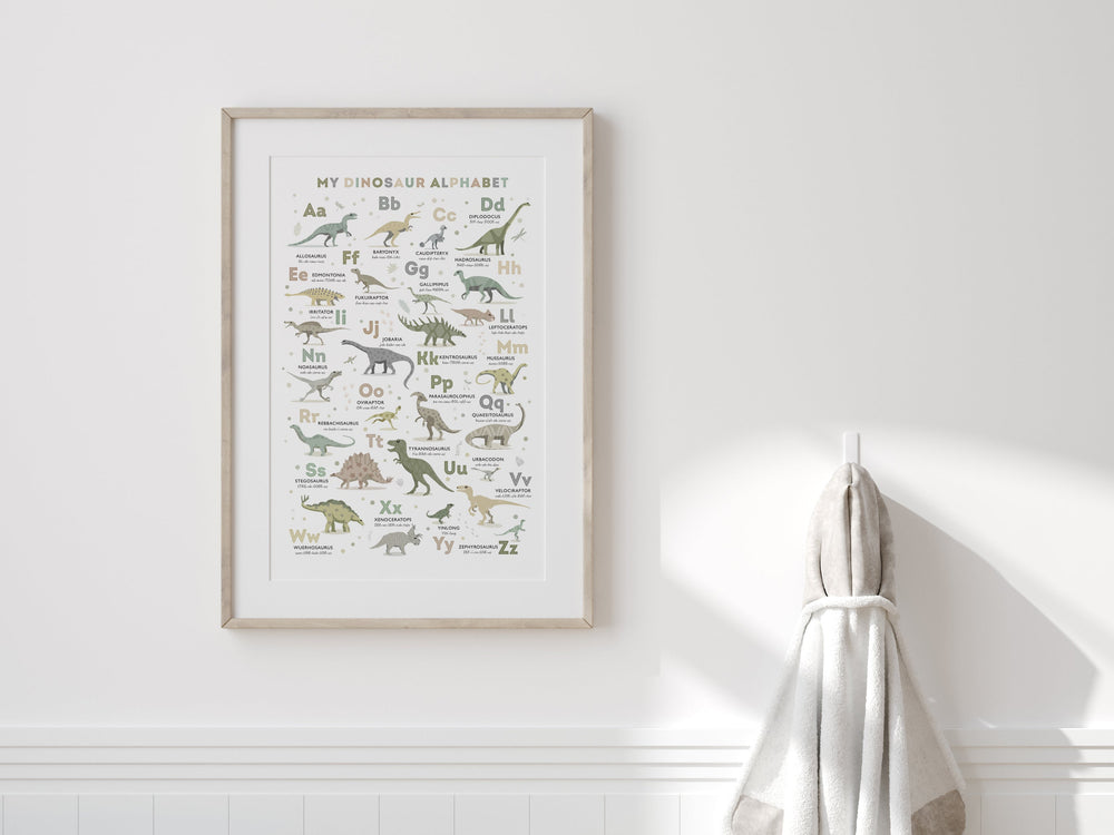 Dinosaur Alphabet Poster (in Earth Tone Colours) - PaperPaintPixels