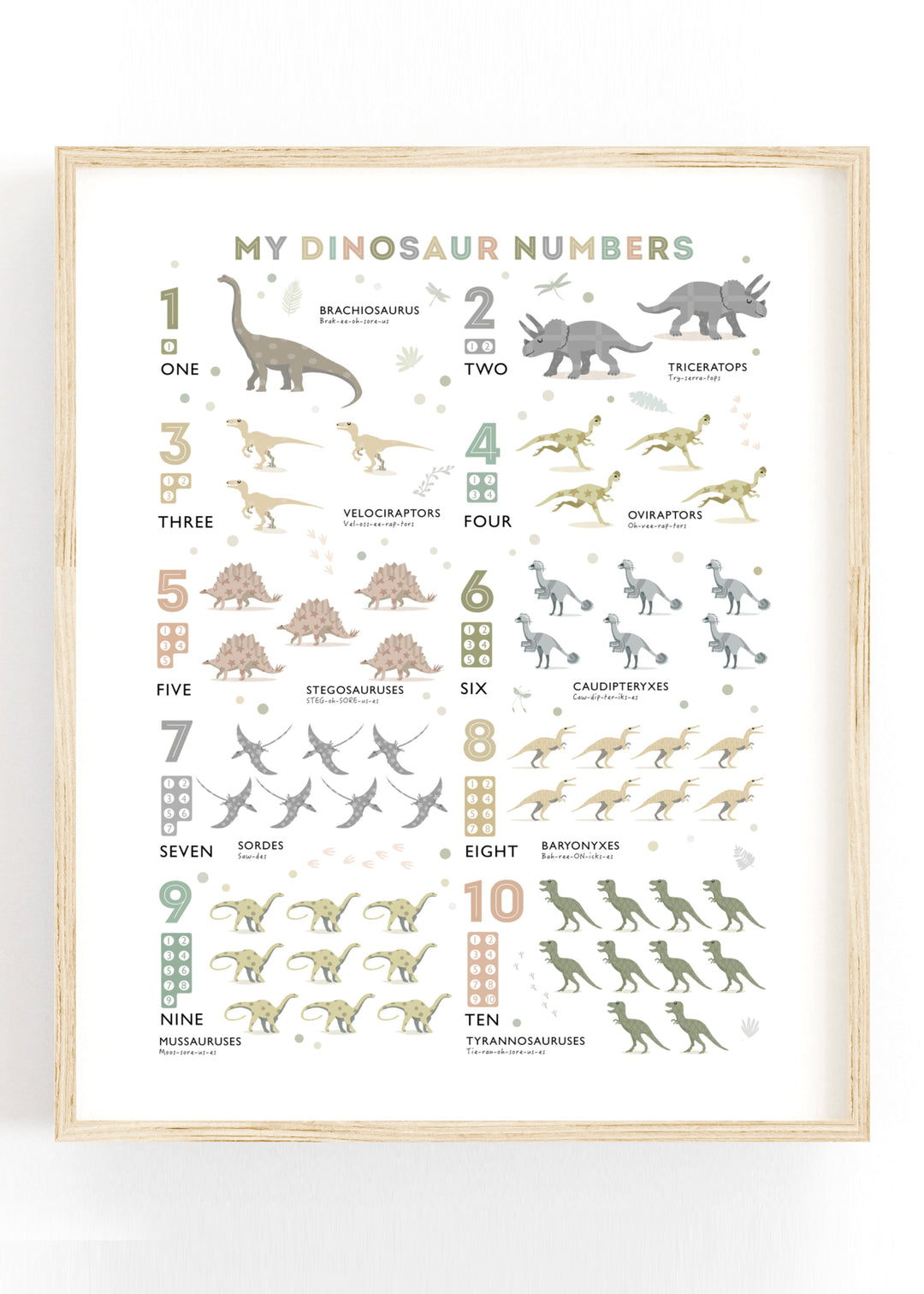 Dinosaur Counting Print - Earth Tone Colours - PaperPaintPixels