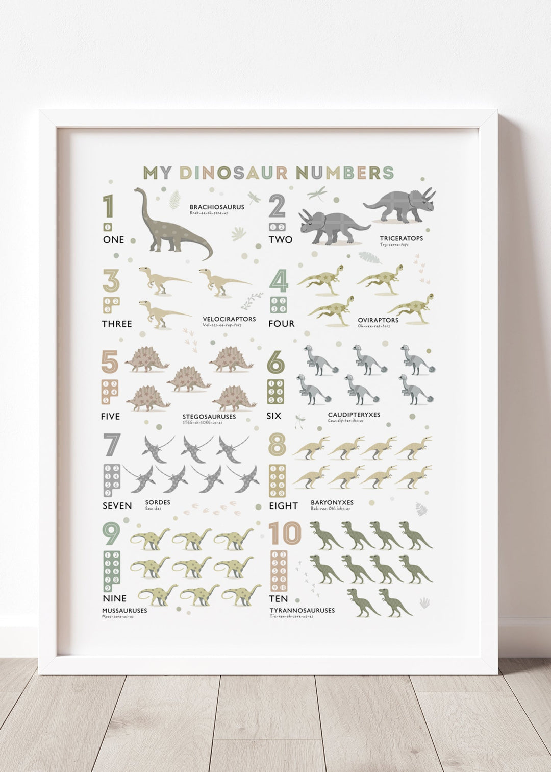 Dinosaur Counting Print - Earth Tone Colours - PaperPaintPixels