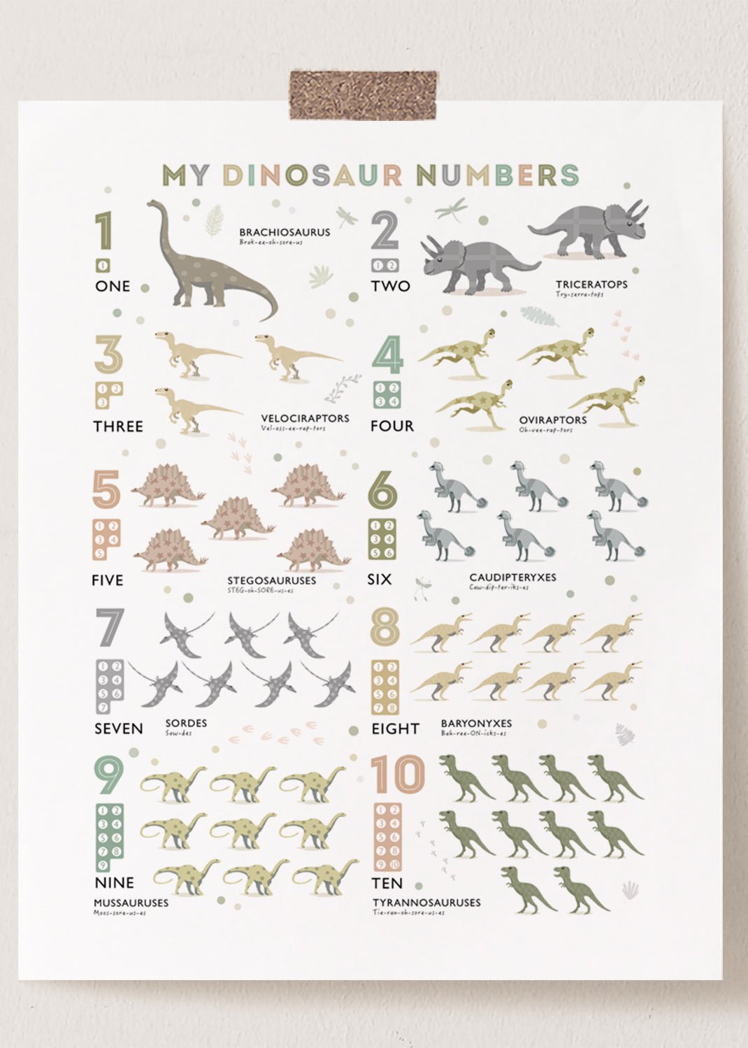 Dinosaur Counting Print - Earth Tone Colours - PaperPaintPixels