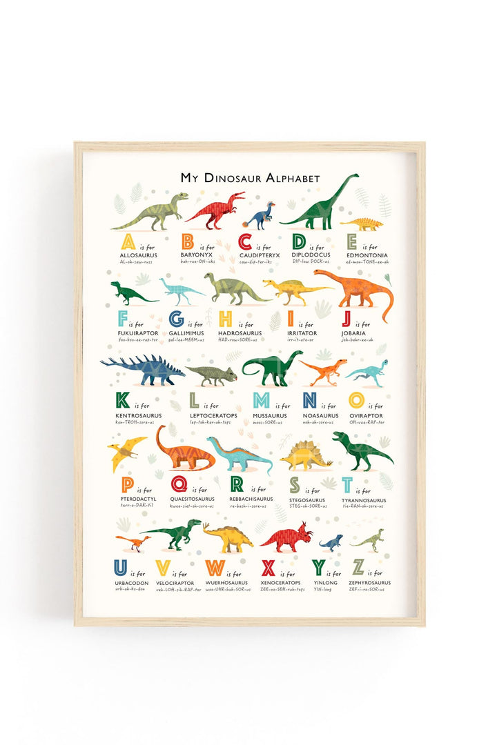 Dinosaur Alphabet Print with colourful illustrations and phonetic names in a wooden frame