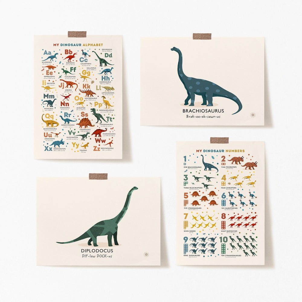 Dinosaurs Alphabet and Numbers Prints Set, 4 Prints Included - PaperPaintPixels