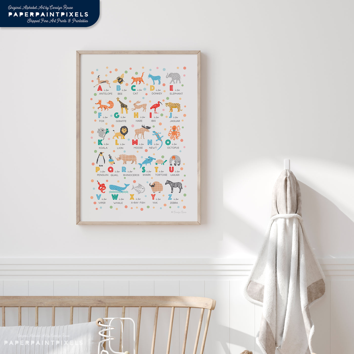 Animal Alphabet Poster in wooden frame on white wall in kids room