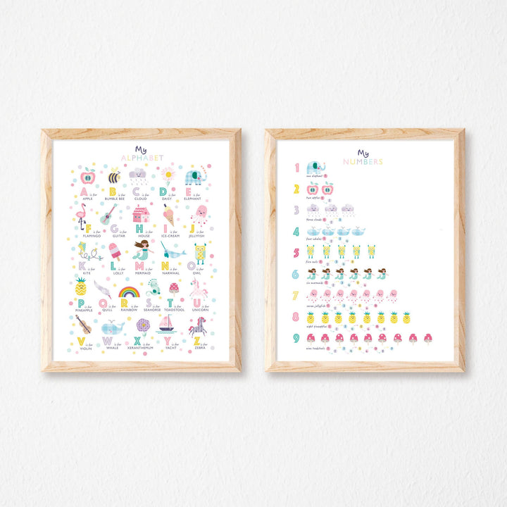Girls Nursery Numbers & Alphabet Art Prints - PaperPaintPixels