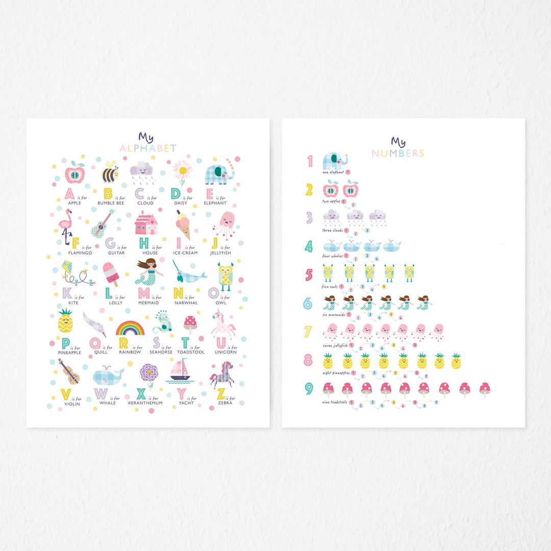 Girls Nursery Numbers & Alphabet Art Prints - PaperPaintPixels