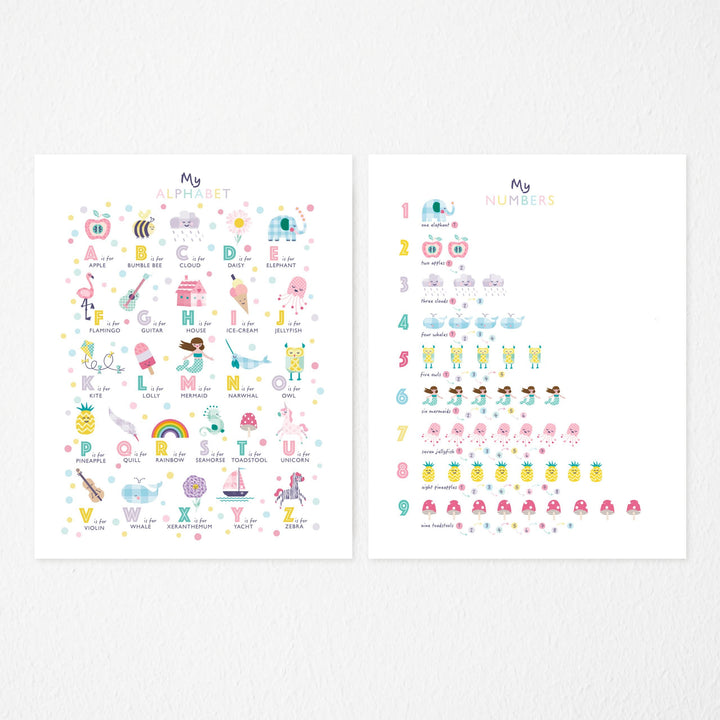 Girls Nursery Numbers & Alphabet Art Prints - PaperPaintPixels
