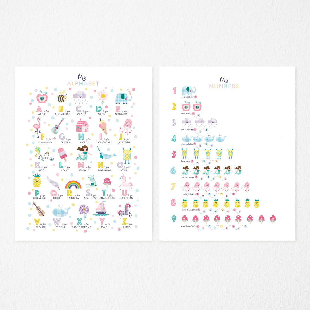 Girls Nursery Numbers & Alphabet Art Prints - PaperPaintPixels