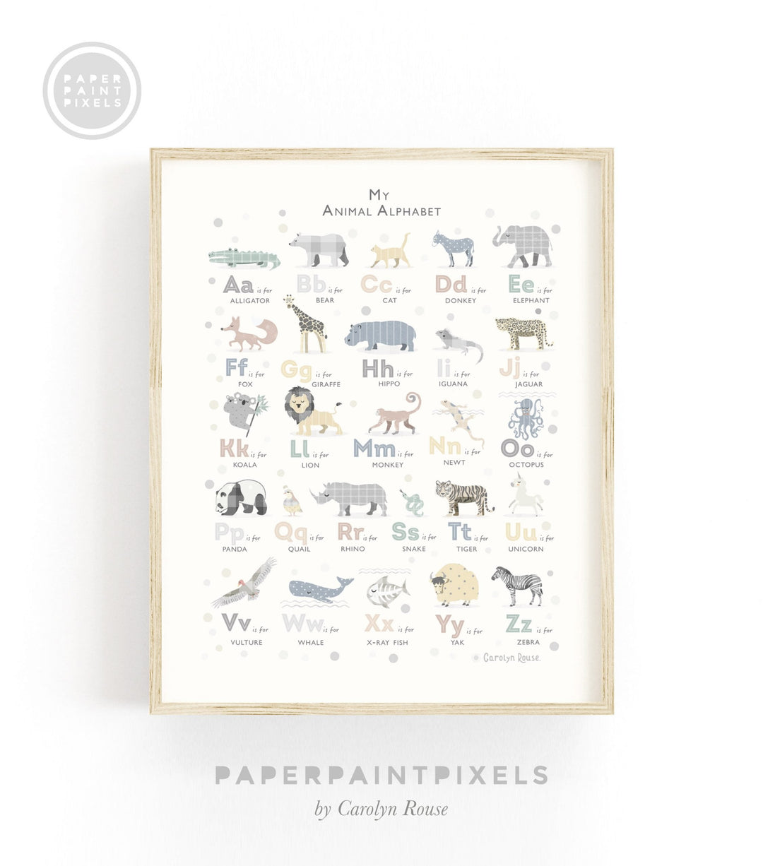 Grey Animal Alphabet Art - PaperPaintPixels