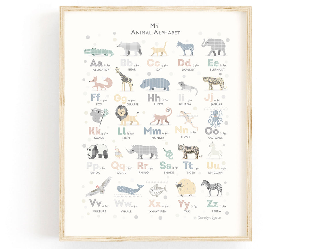Grey Animal Alphabet Art - PaperPaintPixels