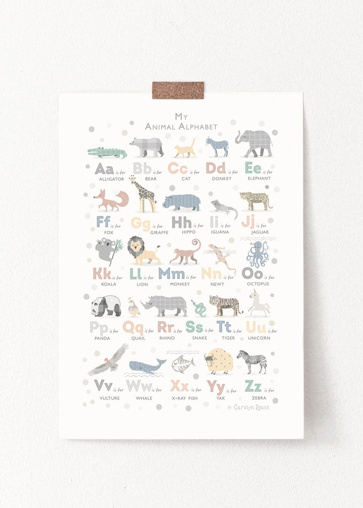 Grey Animal Alphabet Art - PaperPaintPixels