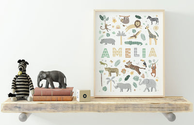 Custom Safari Animal Nursery Print - Personalised Wall Art