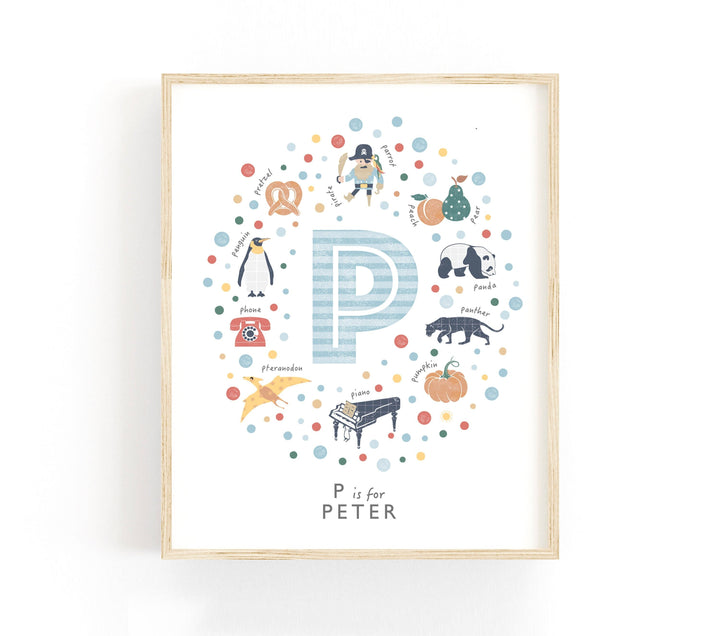 Personalised Blue Letter P Initial Print, Custom Nursery Name Wall Art for Baby Boy, 4 Colours Available - PaperPaintPixels