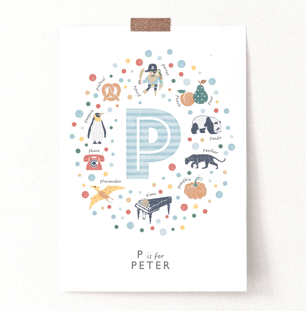 Personalised Blue Letter P Initial Print, Custom Nursery Name Wall Art for Baby Boy, 4 Colours Available - PaperPaintPixels