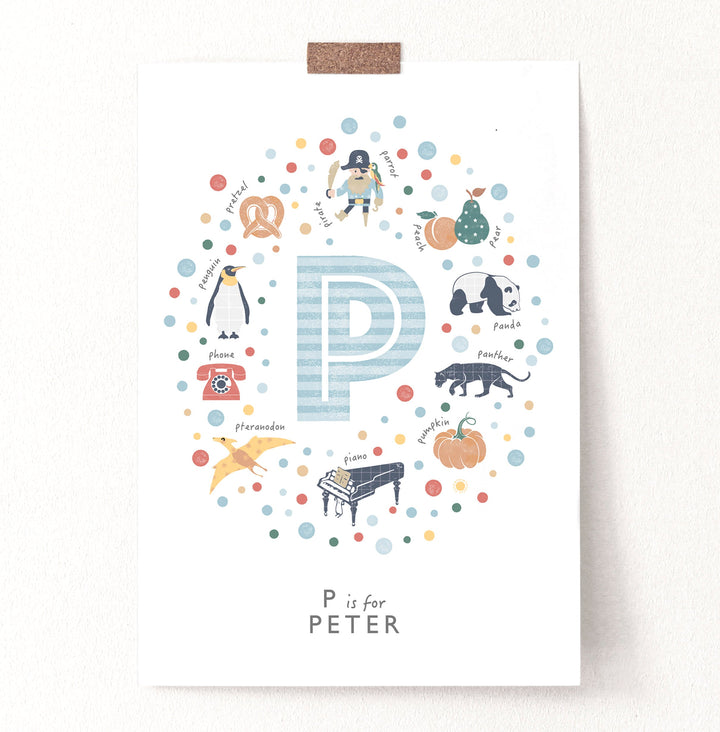 Personalised Blue Letter P Initial Print, Custom Nursery Name Wall Art for Baby Boy, 4 Colours Available - PaperPaintPixels