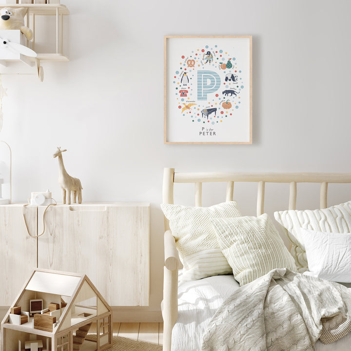 Personalised Blue Letter P Initial Print, Custom Nursery Name Wall Art for Baby Boy, 4 Colours Available - PaperPaintPixels