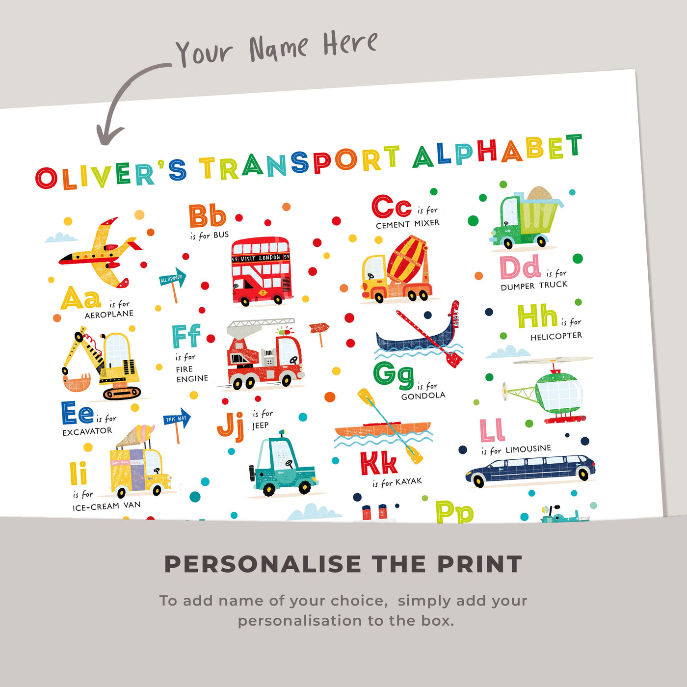 Transport Alphabet Poster, Bright Title ABC Print - Can Be Personalised. - PaperPaintPixels