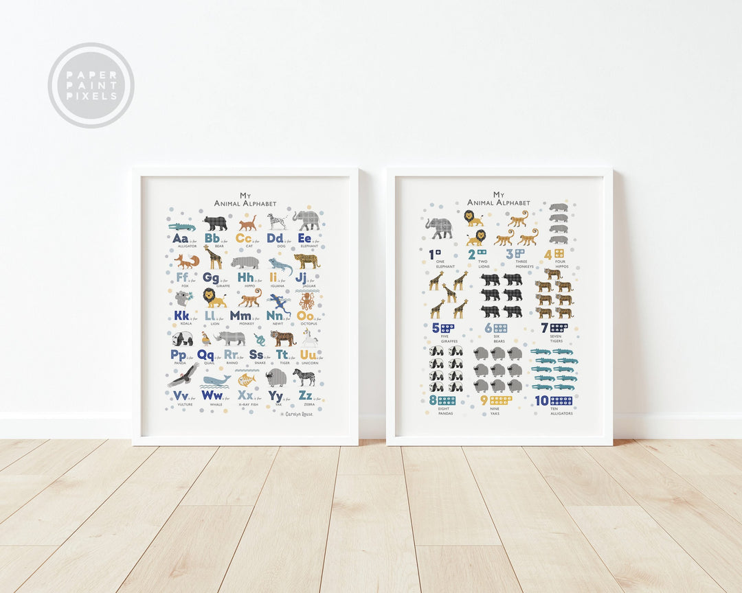 Navy Safari Animals Alphabet Wall Art Set - PaperPaintPixels