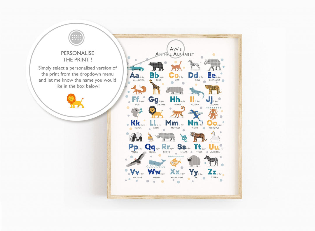 Navy Safari Animals Alphabet Wall Art Set - PaperPaintPixels