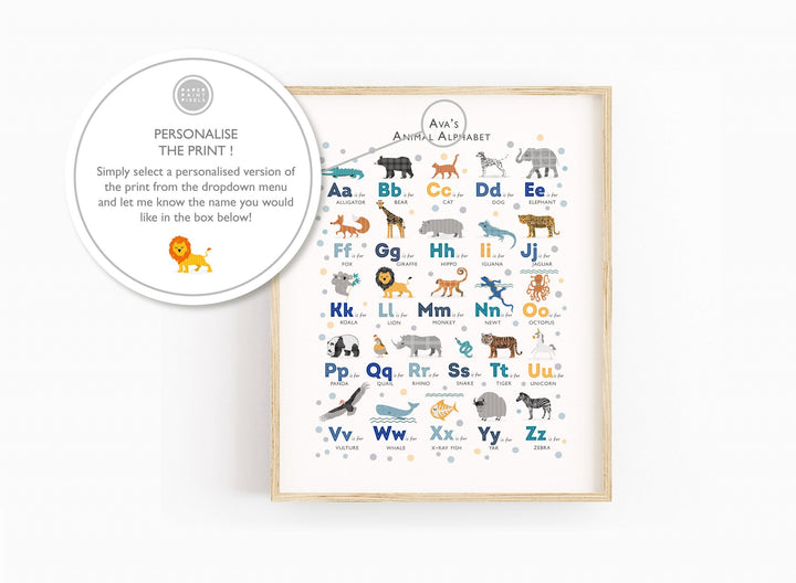 Navy Safari Animals Alphabet Wall Art Set - PaperPaintPixels