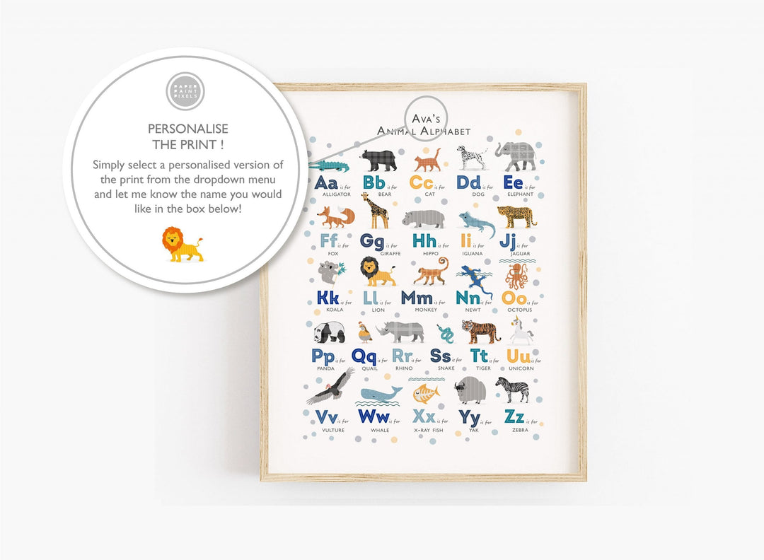 Navy Animal Alphabet Art - PaperPaintPixels