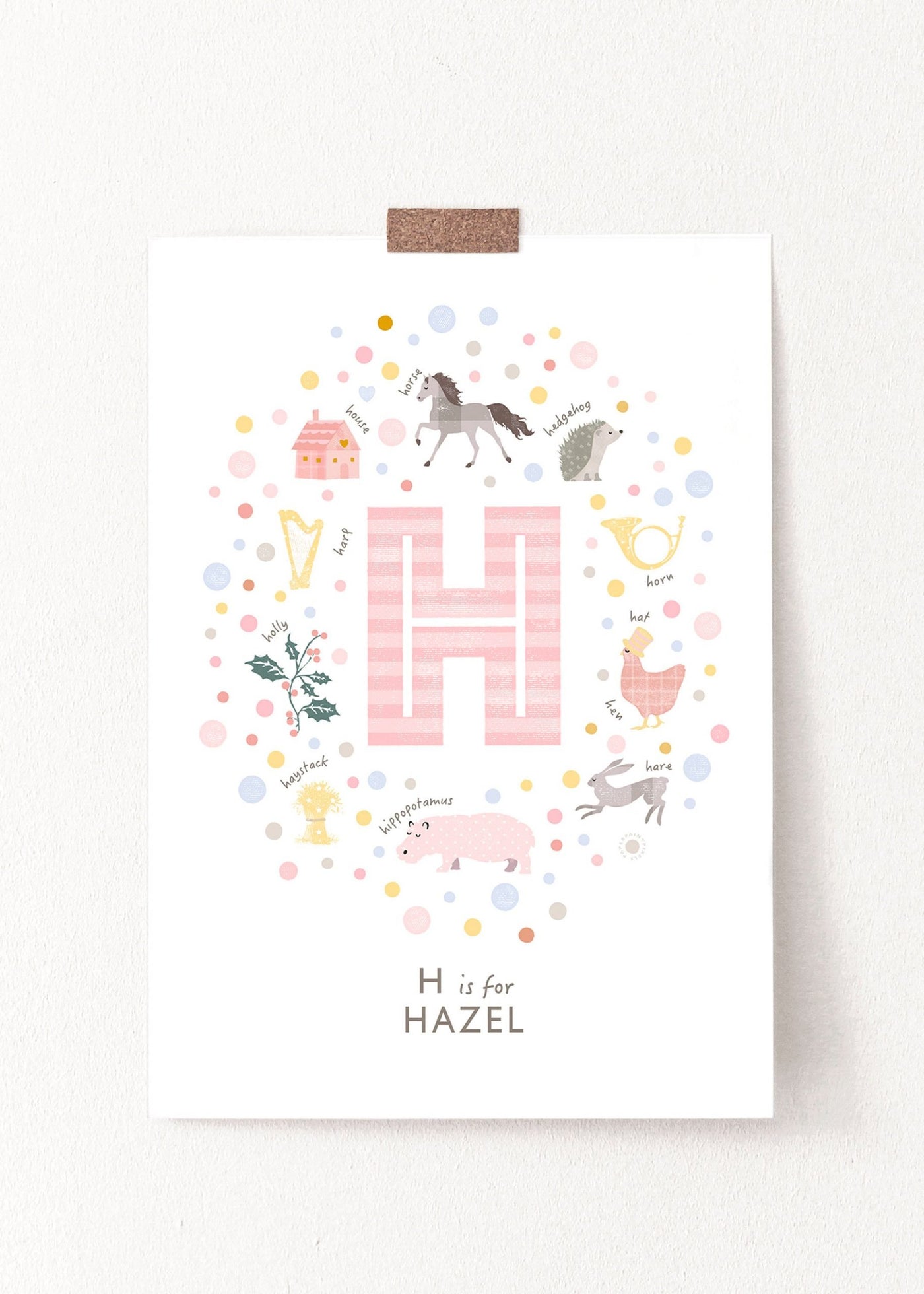 Girls Initial Letter H Print unframed on a cream wall