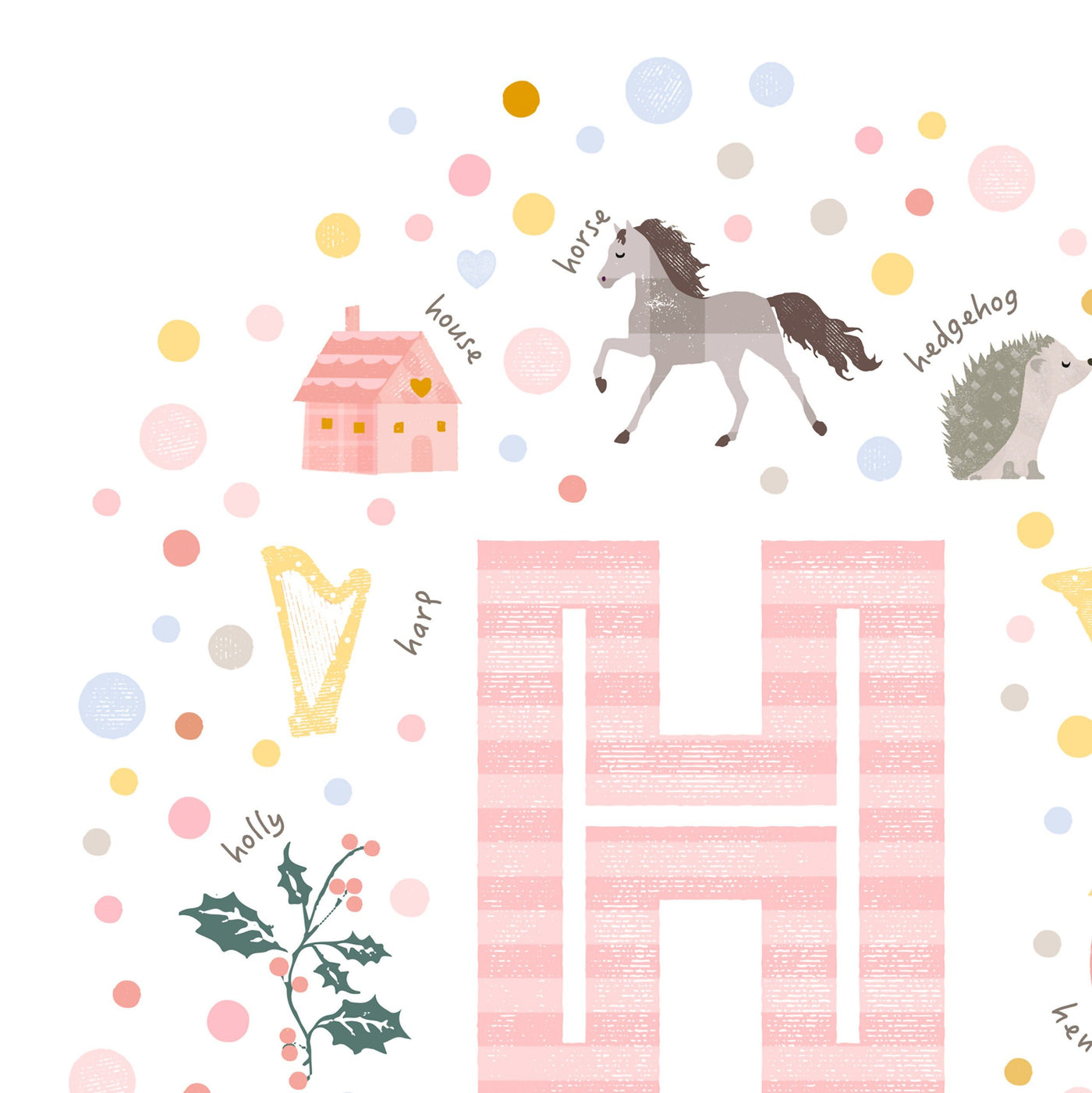 A close up of the illustrations on the Girls Initial Letter H Print