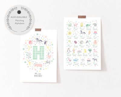 a photo showing the Girls Initial Letter H Print in mint along side a matching mint alphabet for girls, unframed
