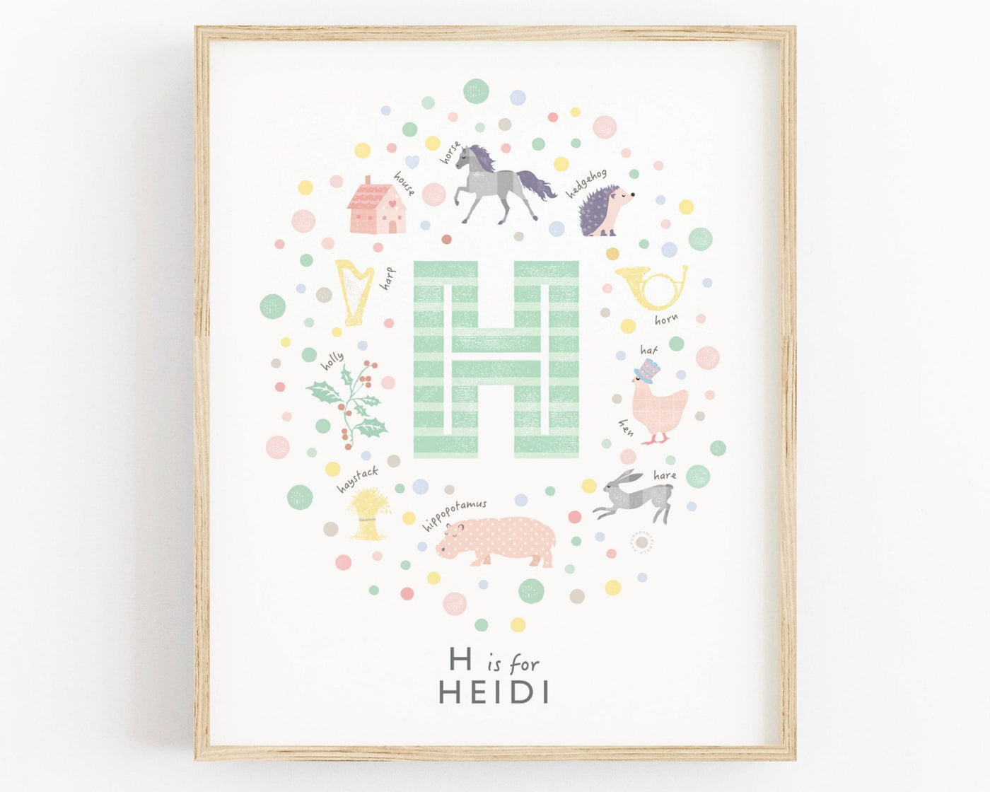 Girls Initial Letter H Print in mint, framed in wood and on a white wall