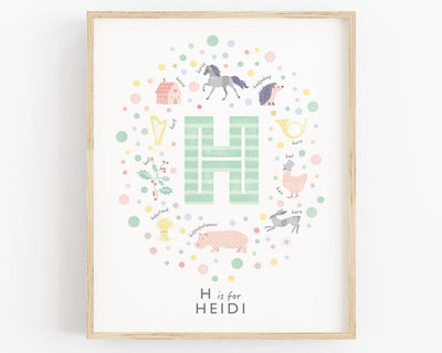 Girls Initial Letter H Print in mint, framed in wood and on a white wall