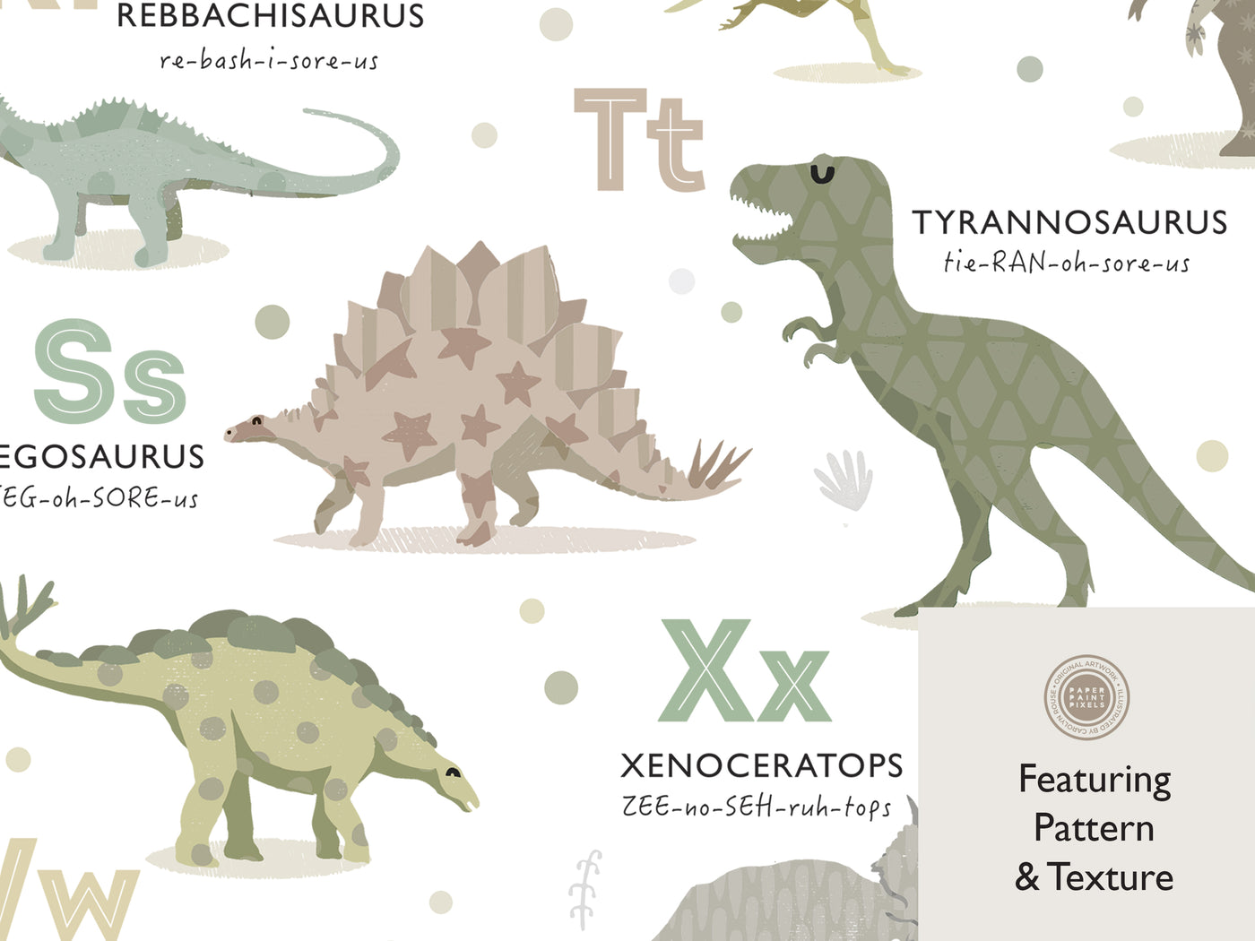 Close up of the illustrations on the Dinosaur Alphabet Poster in Earth Tone Colours